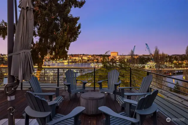 Rooftop deck entertaining space with views towards University of Washington/Montlake Cut.