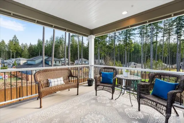 Large covered deck with staircase to backyard. Completed with Trex Decking for easy maintenance