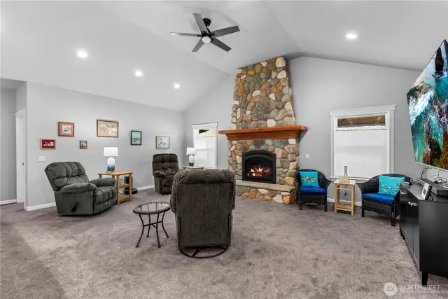 That stone propane fireplace adds warmth - literally!