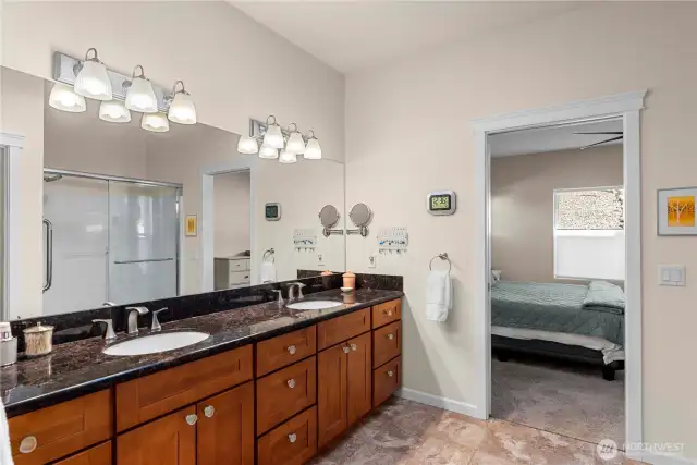 The double sink vanity is gorgeous - and has plenty of room for two!