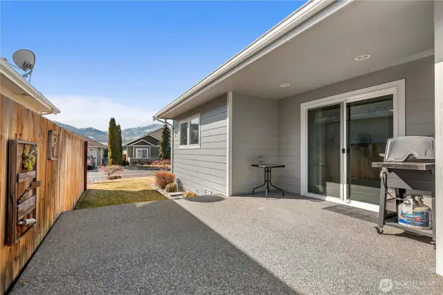 This patio is  on the east side of the home and is a great place to BBQ and enjoy cool outdoor dining on hot evenings.