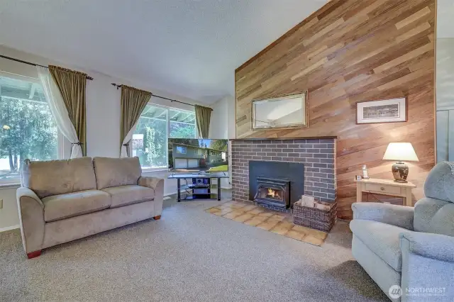 Wood fireplace, in living room