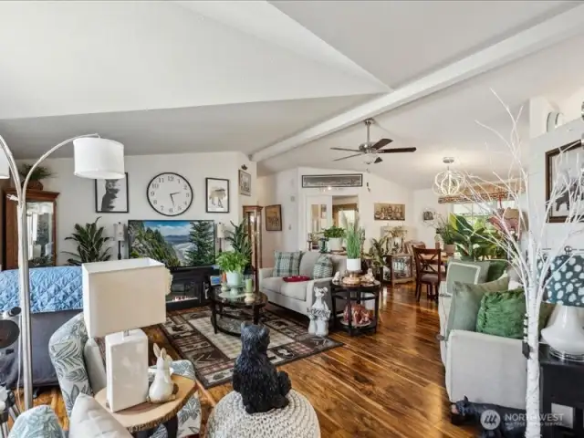 Large family room with vaulted ceiling.