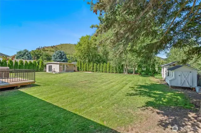 Backyard with views of chicken coop and ADU. Greenery at end of property provides privacy and good shade on summer evenings.