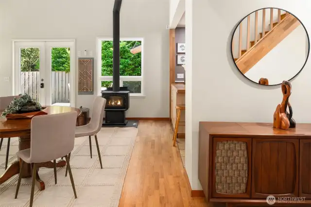 Main living area with wood burning fireplace