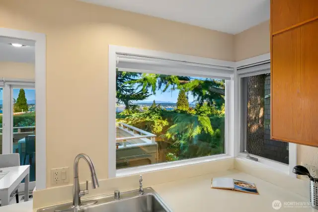 Views of the water and mountains from kitchen