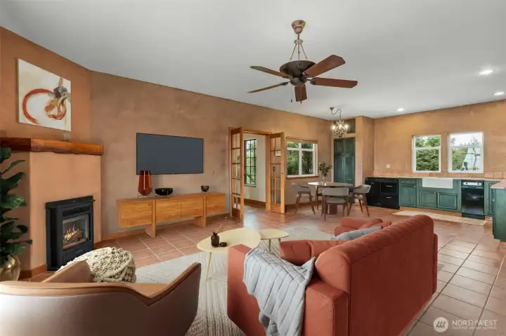 Virtually staged entertainment room.