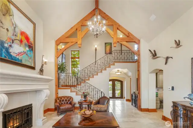 Timber frames grace the 22 foot ceilings