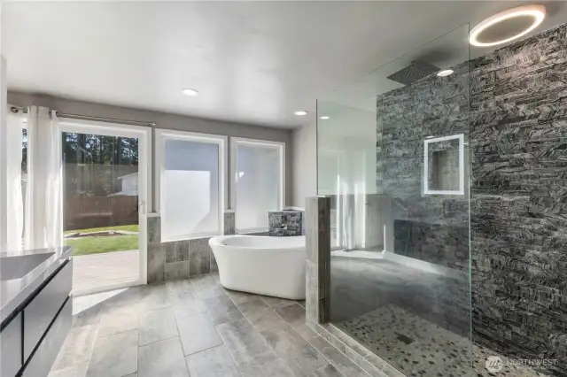 Large walk-in shower and freestanding tub in main level primary suite.