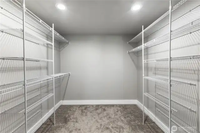 Large walk-in closet in main level primary suite.