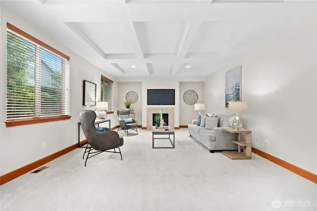 Spacious Family Room with beautiful coffered ceiling. Gas fireplace to gather 'round!