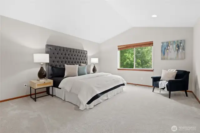 Primary Bedroom so bright and roomy with vaulted ceiling.