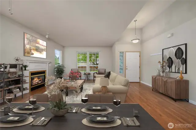 Virtually staged dining into living room.
