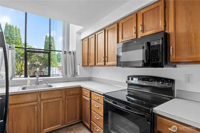 Good counter and cupboard space in the kitchen.