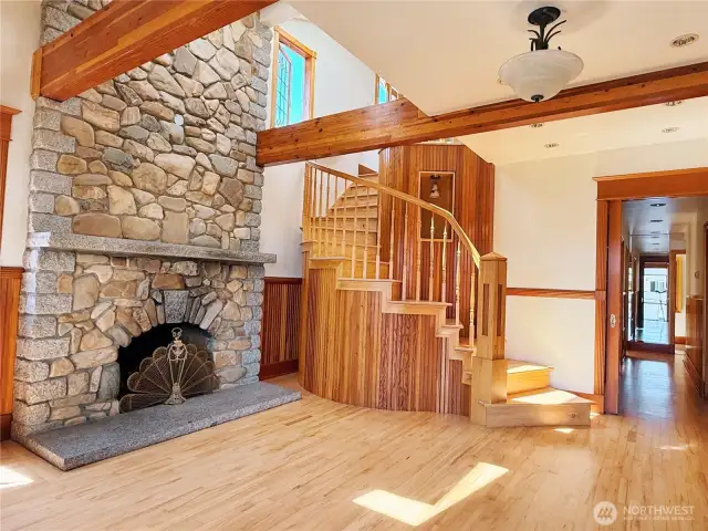 Stone Fireplace and Spiral Staircase