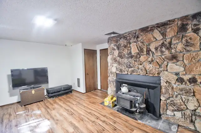 Downstairs living room with fireplace.