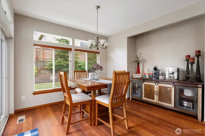 Just off the kitchen is the coffee nook and dining room.