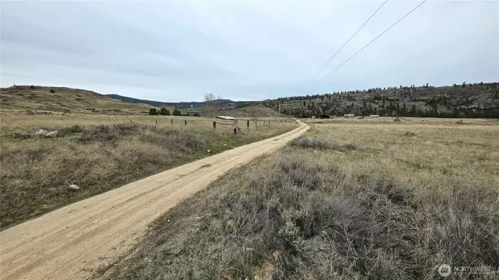 Road view looking NE. SE property line starts near the center post.