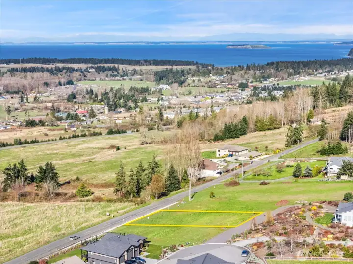 Lot 3 Aerial East-facing view with proximity toward the Strait of Juan de Fuca and Protection Island in the distance.