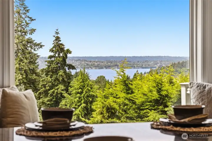 The window seat adds charm and a perfect place to take in the view from the kitchen