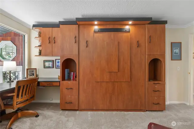 Custom lighted Murphy bed with side desk with an additional fold down desk. Lots of storage too!