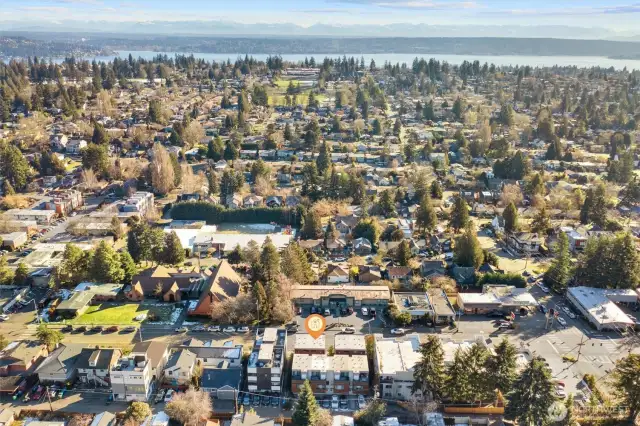 Aerial photo looking east. From this photo you can see Lake Washington, View Ridge Park and Magnuson Park.  Sought after Wedgwood neighborhood 86 walk score & 81 bike score. Walking distance to grocery stores, cafes, and only minutes to Children's, UW, 520, downtown & Amazon! Located in #1 sought after school cluster!