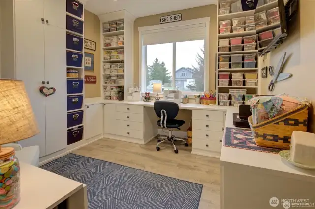 Custom California Closets shelving and workspace installed - ready for all your projects or work from home space. (Seller also willing to offer a credit to remove the California Closet system if Buyer prefers to have a 3rd bedroom).