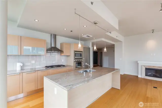 Great island, stone countertop, tile backsplash, Pedini cabinets and top-tier appliances.