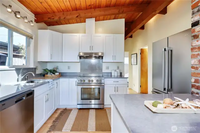 The kitchen is outfittied with new Beko stainless steel appliances.