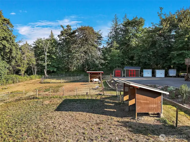 2 loafing sheds. 2 outbuildings, 1 tack room with power. Arena.