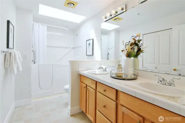 Accessible bathroom with bright skylights