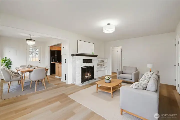 Virtually staged living and dining area