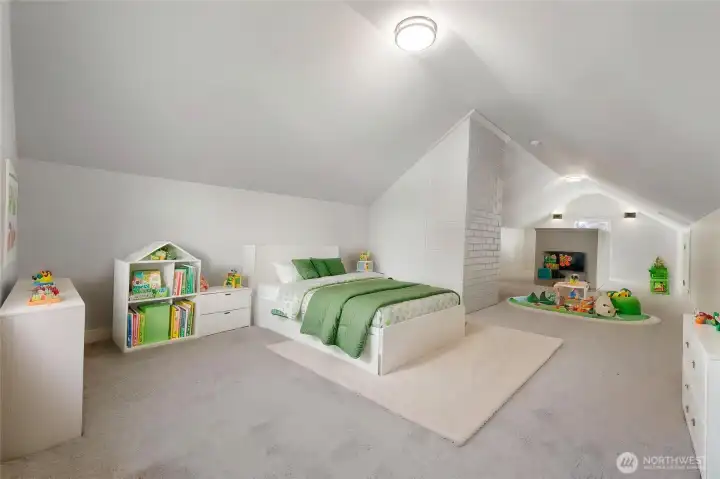 Virtually staged reat space upstairs for bedroom, office or playroom