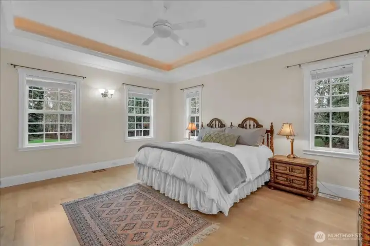 The oversize primary suite features numerous windows, ceiling fan and lighted coffered ceilings The oversize primary suite features numerous windows, ceiling fan and lighted coffered ceilings