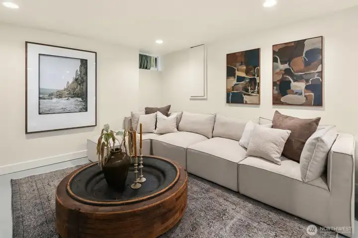 Large finished media area downstairs. WFH? Guests?