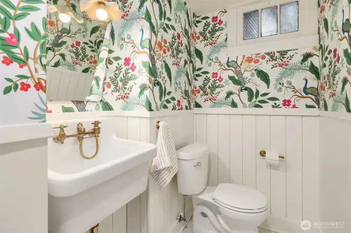 Stylish lower level bathroom.