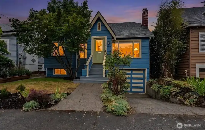 Twilight version of the front of the house. Twilight version of the front of the house.