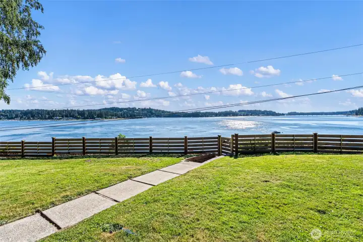 Flat grassy back yard.