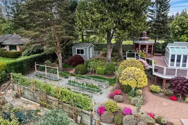 The gardens, shed, gazebo, deck and yard overlooking Puget Sound.