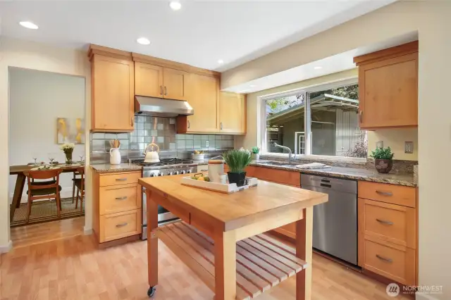 Soft-close doors and drawers are a feature. Lots of cabinet and counter space make working in the kitchen a breeze.