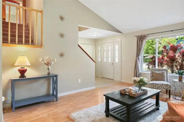 The stairwell offers a cut out feature with rails.