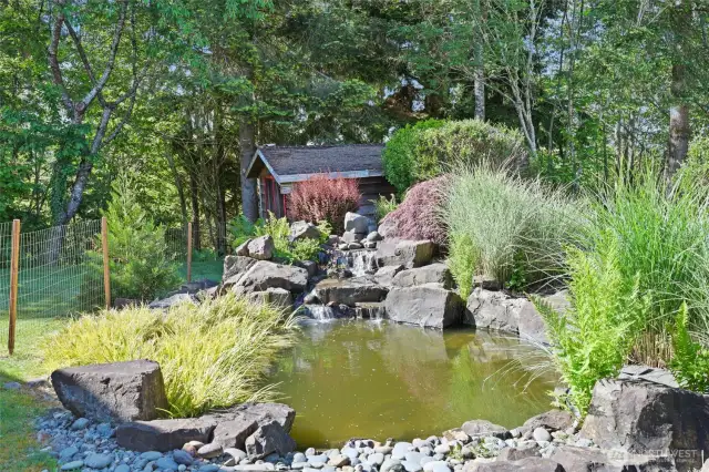 Soothing pond with waterfall feature. Fire pit is just behind the pond in the rockery.