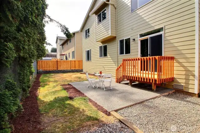 New fencing on the other side of this easily maintained, spacious back yard.