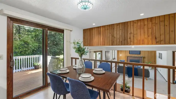 This versatile dining space connects indoor comfort with outdoor living.