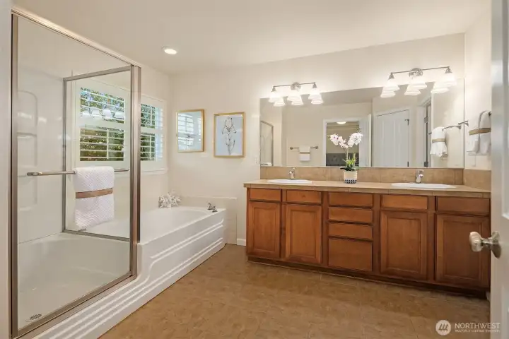 Shower, soaking tub, dual sinks and walk-in closet are all yours.