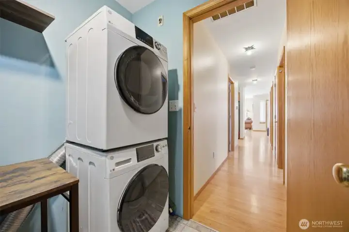 Laundry room looking back down hallway