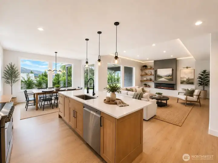 Kitchen into dining and living room