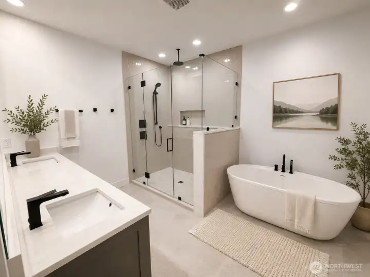 Primary Bath with soaker tub, full tile shower and double vanity