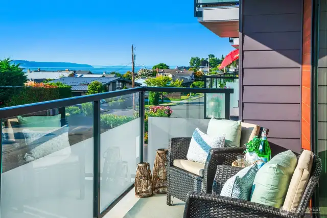 This cozy deck delivers a stunning, partial vista of the Puget Sound and surrounding territory.  An ideal spot to enjoy a private, picturesque moment.