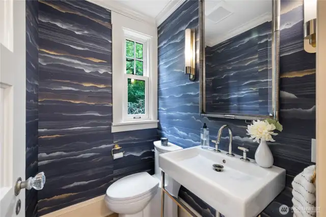 Main floor powder room, Silk wallpaper by Fromental